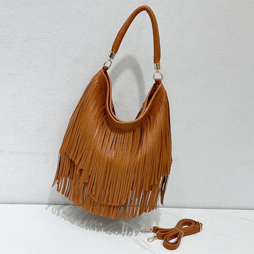 CORIOS Bohemian Fringe Leather Shoulder Bag for Women Dual-Side Tassel Handbag Underarm Purse Soft PU Leather Top Handle Bag - color: Brown