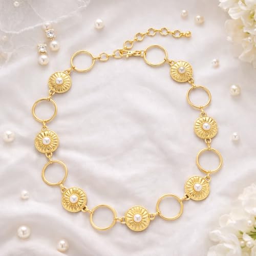 Women's Concho Chain Belt – Adjustable Western Waist Belt for Cowgirl, Festival & Boho Outfits - color: Gold With Faux Pearl, size: Small-Medium