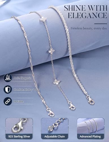 Fansilver 3 Pcs Silver/Gold Bracelets for Women Trendy 925 Sterling Silver Stackable Bracelet Set Adjustable Bracelet Link Chain Cubic Zirconia Bracelets Waterproof Jewelry Set - color: Silver tone