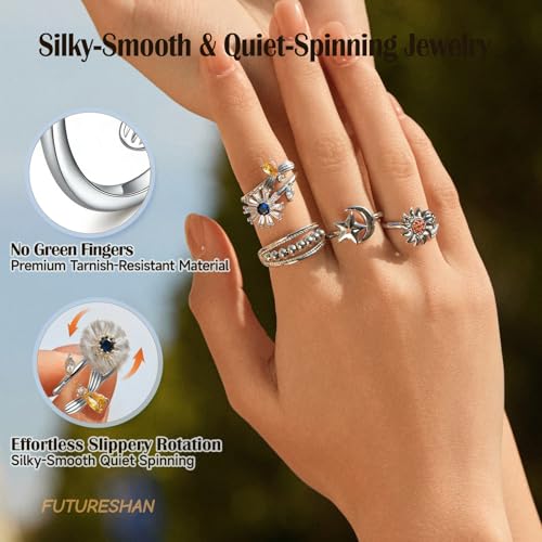 10Pcs Fidget Anxiety Rings for Women Adjustable Spinner Ring Gifts for People With Anxiety Moon Sun Butterfly Galaxy Daisy Flower CZ Stress Relief Calm Rings Jewelry 14K Gold/Silver/Rose Gold Plated - color: Silver Plated