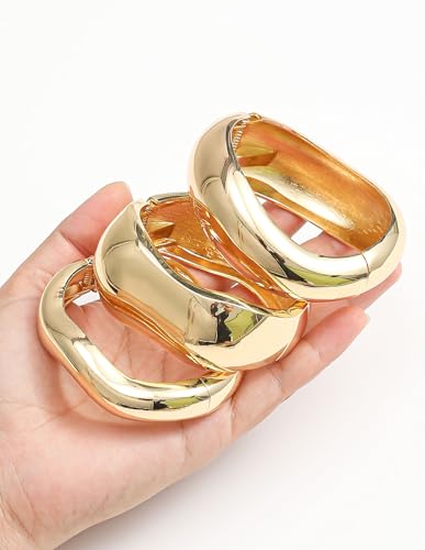 Akeoqi 3Pcs Chunky Gold Bangles Bracelets for Women 14K Gold Plated Irregular Hinged Cuff Bracelets Set Trendy Minimalist Wide Wire Twist Open Stack Bracelet Jewelry Gift - style: Bangle-3