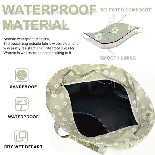 Bluboon Waterproof Beach Tote Pool Bags for Women Ladies Extra Large Carry On Bag With Wet Compartment for Weekender Travel - color: Beige Flower Green