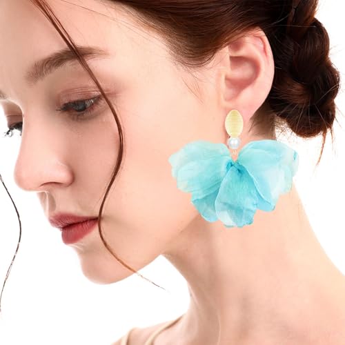 Handmade Fabric Flower Petal Fringe Dangle Drop Earrings Bohemian Floral Tassel Stud Earrings For Women - color: Light Blue