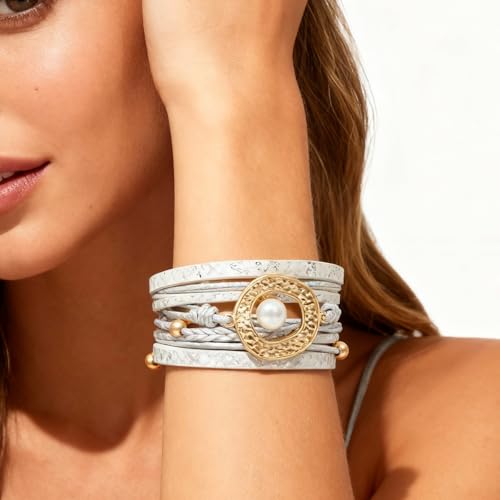 Long tiantian Boho Leather Wrap Bracelets Western Bracelets for Women Stackable Starfish Crystal Pearl Turquoise Leather Bracelet With Clasp Jewelry Gifts Boho Dresses - color: C2:white leather bracelet