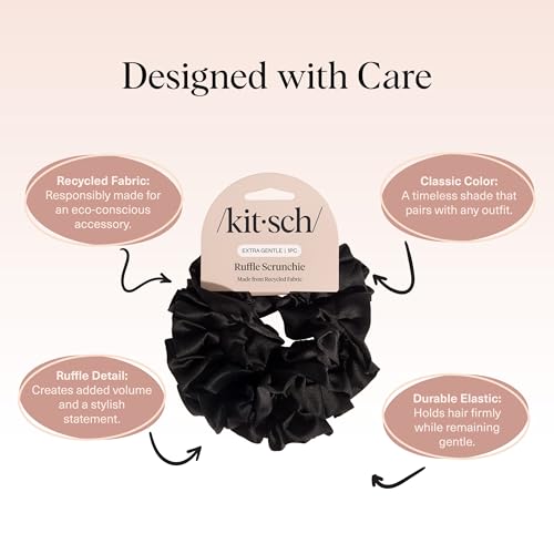Kitsch Recycled Satin Ruffle Scrunchie – Gentle Hair Scrunchie for Women, Eco-Friendly Hair Tie No Damage, Stylish Ponytail Holder | Ideal Gifts for Women - Black - color: Black Ruffle