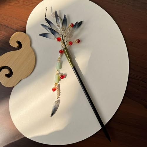 Feather Design Hairpin with Black Resin Leaves & Bamboo Pendant on Natural Wood Stick - Chinese Hanfu Minimalist Hair Accessory for WomenBlack Bamboo) - color: Black Bamboo