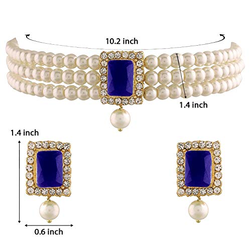 Aheli Ethnic Choker Necklace Earrings Wedding Bollywood Party Jewelry Set Gift for Women - color: Blue 1