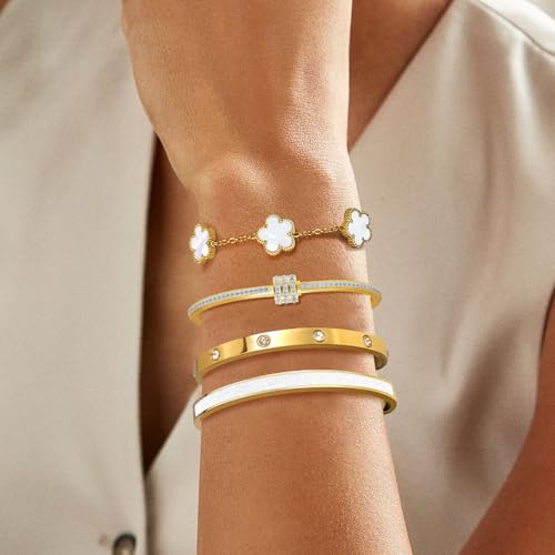 MOINSPIRE Gold Bracelets for Women, 18K Gold Plated Tennis Nail Clover love Bangle Bracelets Set Non Tarnish, Stainless Steel Trendy Stackable Bracelet Fashion Jewelry Accessories Gifts for Christmas - color: C2-White