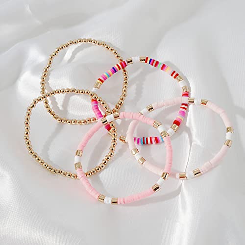 GOOJIDS Surfer Heishi Clay Bead Bracelets for Women Bohemian Stackable Gold Plated Beaded Stretch Bracelets Elastic Layering Friendship Bracelets Set Boho Jewelry - color: C-New Pink Sets