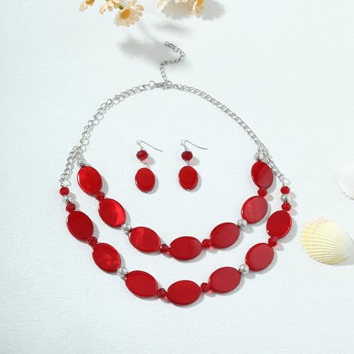 2 Layered Chunky Beaded Shell Necklace for Women Sea Shell blue/yellow/red/green/turquoise/teal/white Statement Necklace and Earring Set Elegant Women Necklace Set Jewelry Sets for Women - color: Red