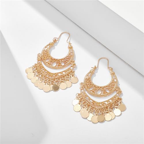 Boho Antique Carved Flower Dangle Drop Earrings for Women Vintage Retro Handmade Hollowed Antiqued Bronze Floral Shaped Geometric Gold Silver Plated Hoop Earrings for Ethnic Style Jewelry Gifts - color: Gold coin hoop earrings
