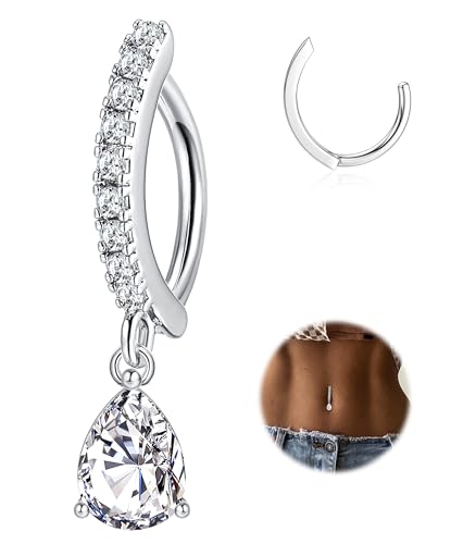 FIBO STEEL 14G Clicker Belly Rings 316L Surgical Steel Dangle Belly Button Ring CZ Teardrop Pendant Navel Rings Barbell Body Piercing Jewelry - color: Clear