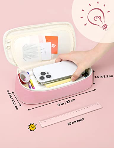 SUNEE Cute Pencil Case, Aesthetic Pen Pouch, Colored Large Pencil Bag with Zipper, Kawaii Stationery Storage and Organizer, School Supplies for Teen and Adult Girls, Pink - color: Pink