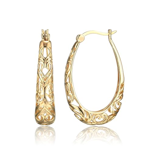 Amazon Collection Sterling Silver Filigree Oval Hoop Earrings - color: Yellow Gold