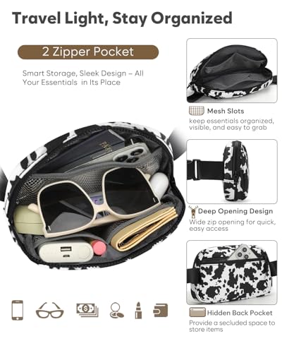 Pritent Fanny Packs for Women Cross Body Bag Waterproof Belt Bag with Adjustable Strap and Zipper Back Pocket Small Crossbody Bags Fashion Waist Packs for Workout Travelling(Cow Print) - color: Cow Print, size: Small