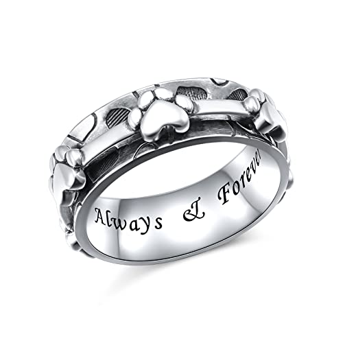 Ladytree Spinner Fidget Ring Sterling Silver Thumb Band for Women Anxiety Ring Platinum Plated Worry Stress Relief Just Breathe Boredom ADHD Autism Rings Boho Jewelry Gift - color: K-wide band oxidized pet paw