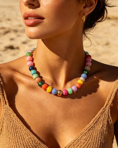 Chunky Beaded Statement Necklace for Women Trendy Colorful Boho Resin Bead Choker Necklaces Summer Handmade Jewelry Gifts Accessories - color: Gold-Colorful 1