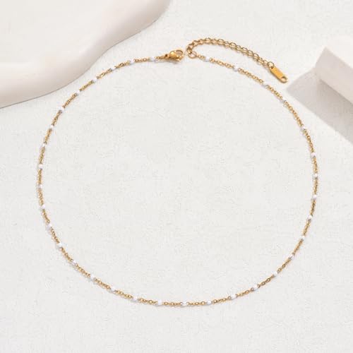 NONAMOIS Gold Chain Necklace for Women Dainty 18K Gold Plated Thin Satellite Beaded Turquoise Necklace Simple Layered Boho Jewelry Christmas Gifts - color: White Beads-Gold