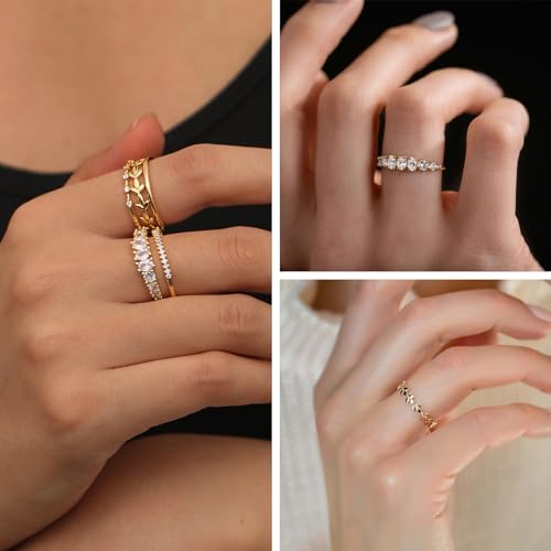 FUNEIA Stackable Gold Rings for Women Non Tarnish Trendy Dainty 14K Gold Plated Stacking Cubic Zirconia Thumb Ring Set Pack Statement Chunky Band Rings Promise Engagement Rings Size 7 8 9 10 11 - color: C-5Pcs Stackable Rings