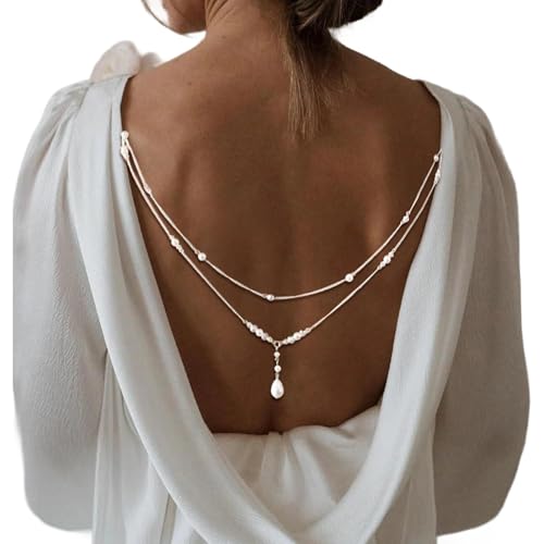 Layered Pearl Pendant Back Chain Necklace Bridal Wedding Pearl Backdrop Jewelry Summer Beach Crystal Backless Body Jewelry for Women Dress