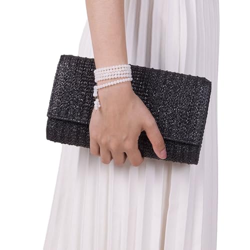 Huralona Women Straw Woven Clutch Purse Pleated Handbag for Summer Beach Vacation Straw Shoulder Crossbody Bag - color: Black3
