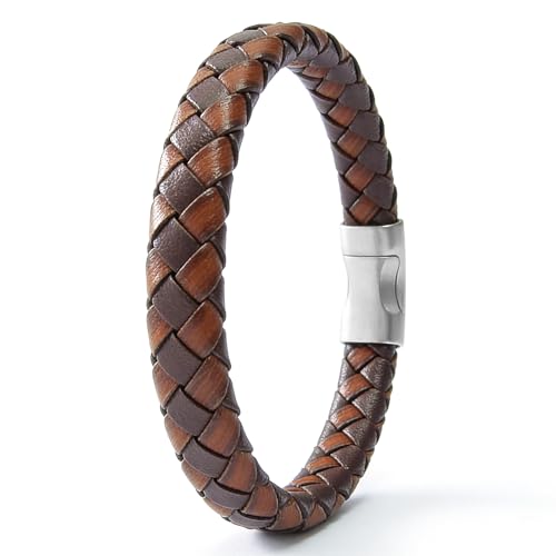 Men's Leather Bracelet, Stackable Stainless Steel Clasp Bracelets for Men Stylish Birthday, Thanksgiving, Valentine's Day Gift for My Man - style: 8.2" Long 10MM Wide Brown Woven