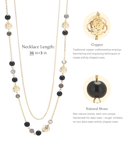 FULU AUTUMN Boho Gold Long Necklaces for Women Natural Stone Beaded Layered Long Necklace Mothers Day Gifts Dainty Flower Costume Jewelry for Women - color: Black