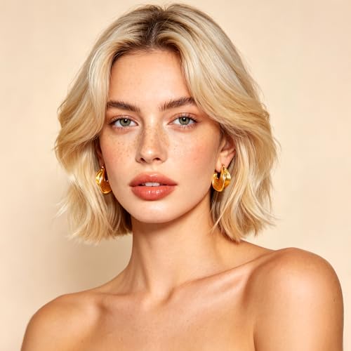 Gold Tone Textured Hoop Earrings 18K Gold Plated Medium Twisted Statement Hoops for Women Minimalist Jewelry