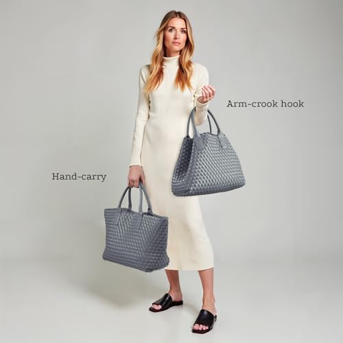 Woven Tote Bag for women,Vegan Leather Woven Satchel Handbag,Shoulder bag with Pouch,Hobo bag fits13-14” laptops - color: Grey