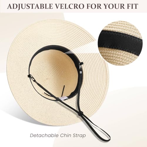 Beach Hats for Women, Sun Straw Hat for Women, UPF 50+ UV Sun Protection Sun Hat Womens, Foldable Floppy Sun Hat - color: Khaki+beige Ribbon