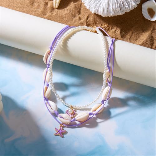 Shell Beach Choker Necklace Set for Women Boho Layered Beaded Adjustable Starfish Conch Shell Nacklace Imitaion Pearl Rice Beads Necklace Summer Ocean Vacation Jewelry - color: Purple