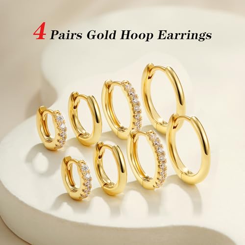 4 Pair Small Gold Hoop Earrings for Women Sensitive Ears - Hypoallergenic 14k Real Gold Plated Hoops Zirconia Cartilage Huggie Earrings Set Helix Piercing Earring Gold Jewelry for Women Gift - color: 01-4 Pair Gold