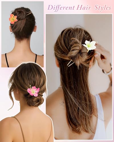 WELROG 3 Pack Hawaiian Orchid Flower Hair Pins,Metal Hair Sticks for Beach Vacation,Non-Slip Fork for Thick Hair Updo - color: White+Pink+Orange
