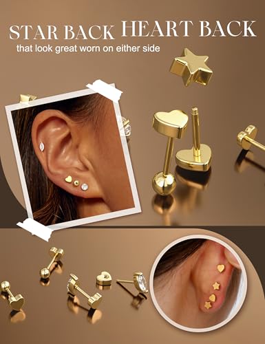Hypoallergenic Flat Back Earrings Stacks for Women - Surgical Steel Studs Small Hoop Flatback Stud Cartilage Earring Sets for Multiple Piercing Jewelry 14K Gold/Silver Plated 9Pairs