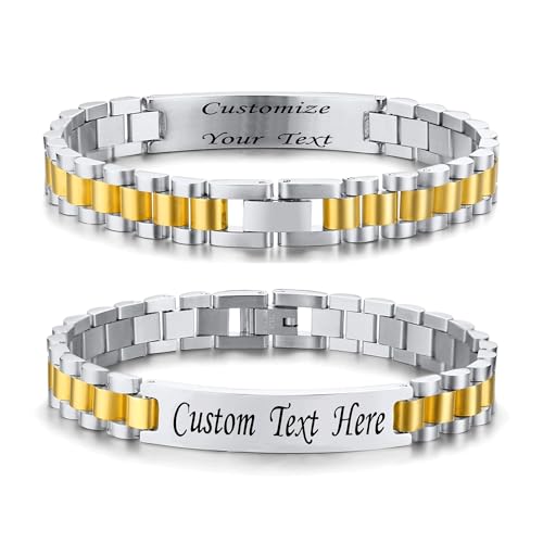 Custom Mens Bracelet Personalized Watch Band Engraved Name Bracelets for Men Customized ID Cuff Wristband Gift for Dad Husband - style: Silver&Gold-1.0cm