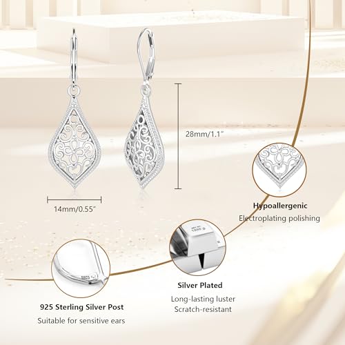 Dangle Earrings for Women, 14K Gold Plated Filigree Dangling Leverback Earrings, Silver Geometric Hypoallergenic Lightweight Dangly Drop Earings for Women Trendy Jewelry Gifts - color: C-Silver
