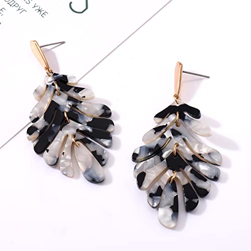 ARATLENCH Acrylic Pendant necklace Earrings – Long Statement Leaf Charm Necklace Tortoise Resin Palm Leaf Earrings Fashion Necklaces Earrings for Women - color: white black earrings