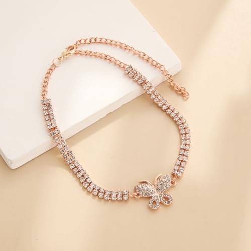 Gold Ankle Bracelets For Women Rhinestone Pendant Butterfly Tennis Anklet Bracelets Summer Foot Chain Jewelry - color: rose goldB