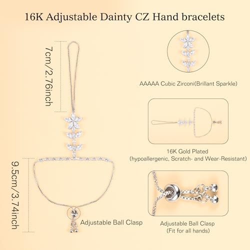 Adjustable Hand Chain Bracelet Women, 16K Gold Plated Finger Bracelet, Secure Ball Clasp Elegant Slave Hand Jewelry, Y2K Aesthetic Accessories for Summer Festival Prom Beach Vacation Daily Wear - color: style13-16K silver-plated