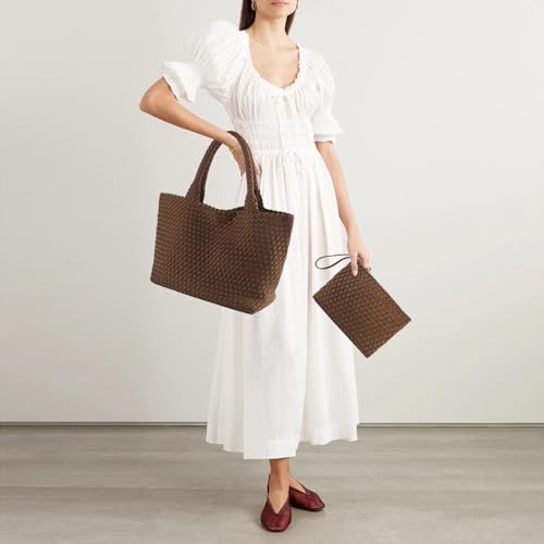 Woven Bag for Women, Large Neoprene Tote Bag Summer Beach Handbag Purse Retro Handmade Travel Shoulder Bag Set - color: Coffee