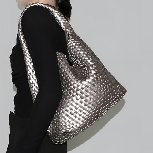 Geelyda Woven Tote Bag for Women with Purse, Fashion Shoulder Hobo Underarm Bags, Large Woven Handmade Work Commuter Day Bags - color: Silver