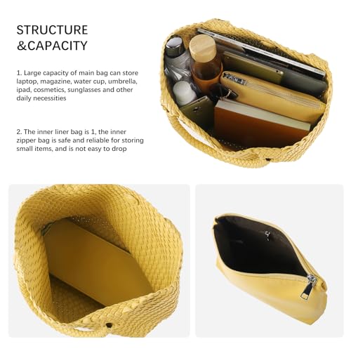 Woven Tote Bag Womens Purse Vegan Leather Shoulder Handbags Fashion Summer Beach Tote Bags Large Travel Totes - color: Yellow