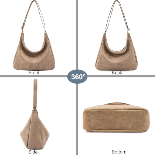 Hobo Bags for Women Foldable Vegan Leather Shoulder Handbag Slouchy Tote Crossbody Purses - color: Khaki