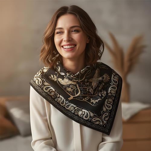 Premium Floral Scarf for Women 35x35 Square Silk Feel-Lightweight Scarves Headscarf Bandanas Wrapping Handbag - color: Black Golden