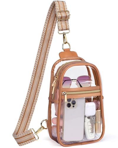 PACKISM Clear Sling Bag Stadium Approved - Clear Bag for Stadium Events & Holographic Bag for Music Festivals Jacquard Strap - color: 05_striped Brown