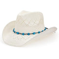 TOVOSO Western Cowgirl Hat, Straw Cowboy Hat for Women with Shapeable Brim, Beaded Hearts Trim, Shapeable Cowboy Hat - color: White Blue