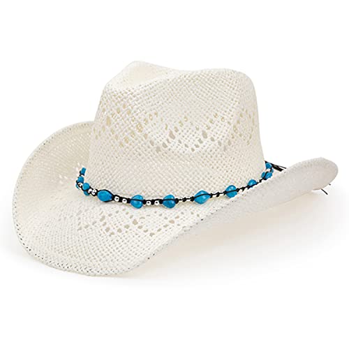 TOVOSO Western Cowgirl Hat, Straw Cowboy Hat for Women with Shapeable Brim, Beaded Hearts Trim, Shapeable Cowboy Hat - color: White Blue