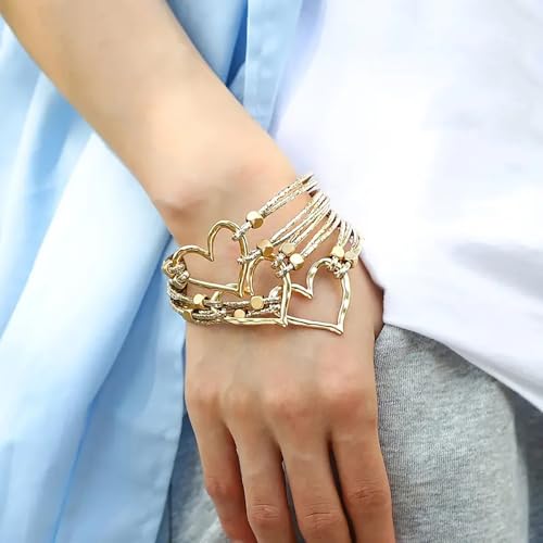 Fesciory Leather Wrap Bracelets for Women, Boho Leopard Multi-Layer Crystal Beads Cuff Bracelet Jewelry - color: Heart(Gold)