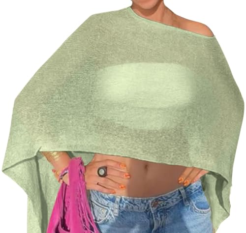 Off The Shoulder Sheer Crochet Vacation Outfits Poncho Sweater Top Summer Beach Cover Up - color: Light Green, size: 3X-Large