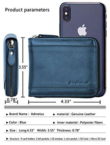 Admetus Mens RFID Blocking Wallets Zipper Leather Wallet for Men Bifold RFID Card Holder - color: Blue50778